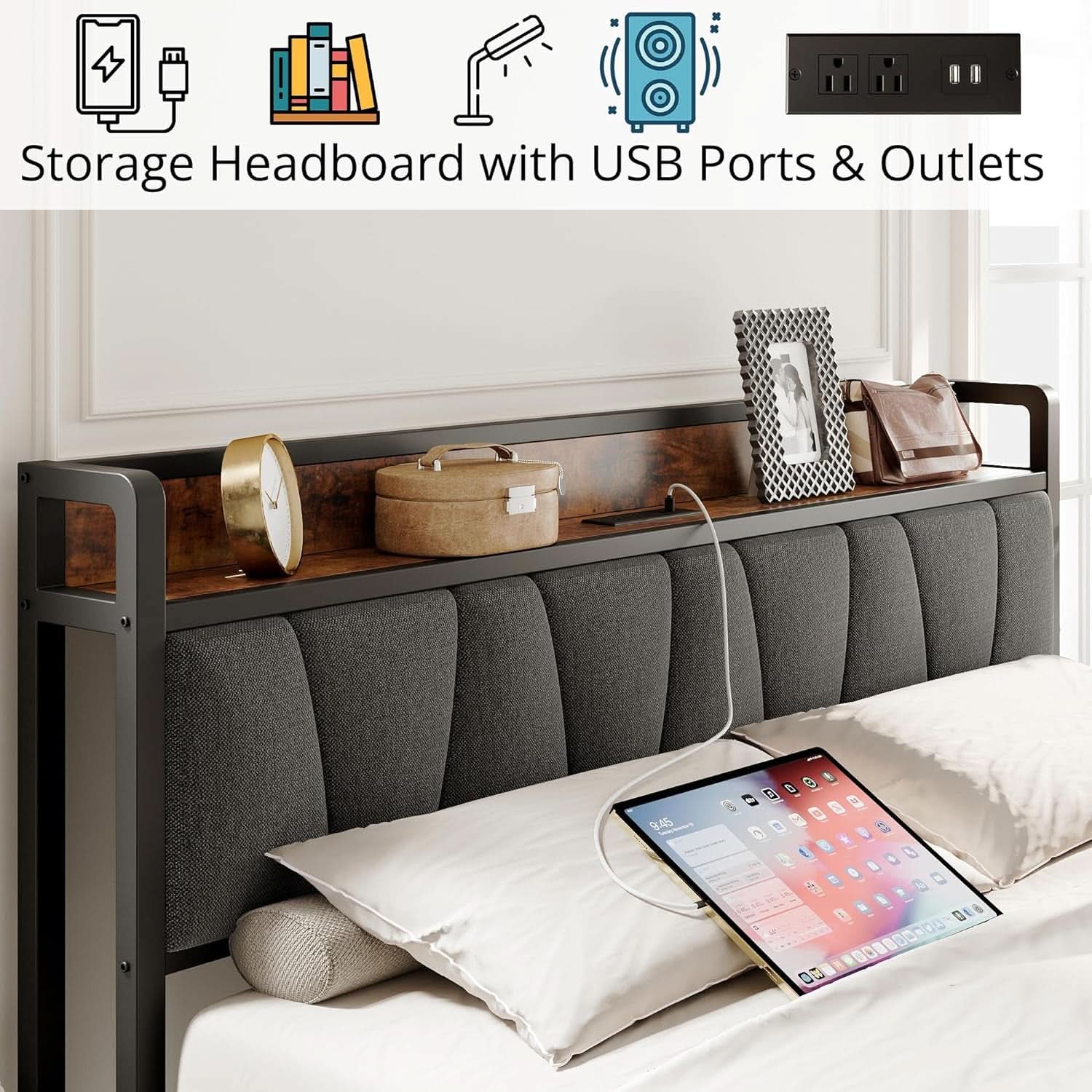 King Size Bed Frame With Storage Headboard And USB Charging Ports