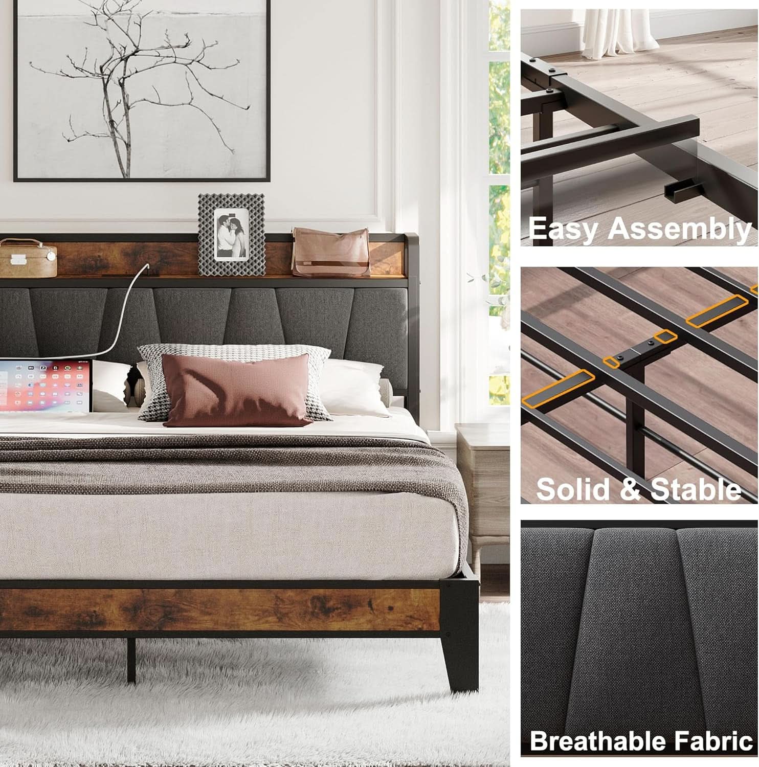 King Size Bed Frame With Storage Headboard And USB Charging Ports