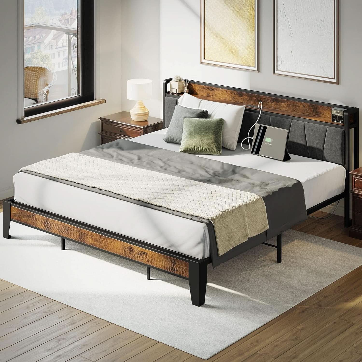 King Size Bed Frame With Storage Headboard And USB Charging Ports