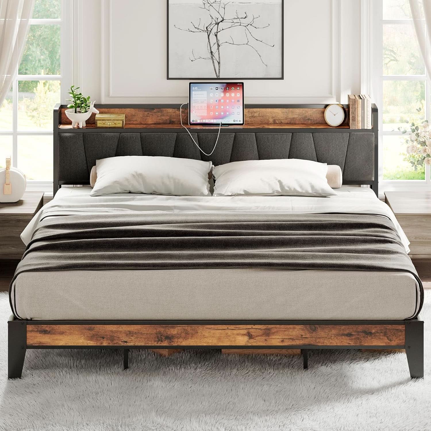 King Size Bed Frame With Storage Headboard And USB Charging Ports