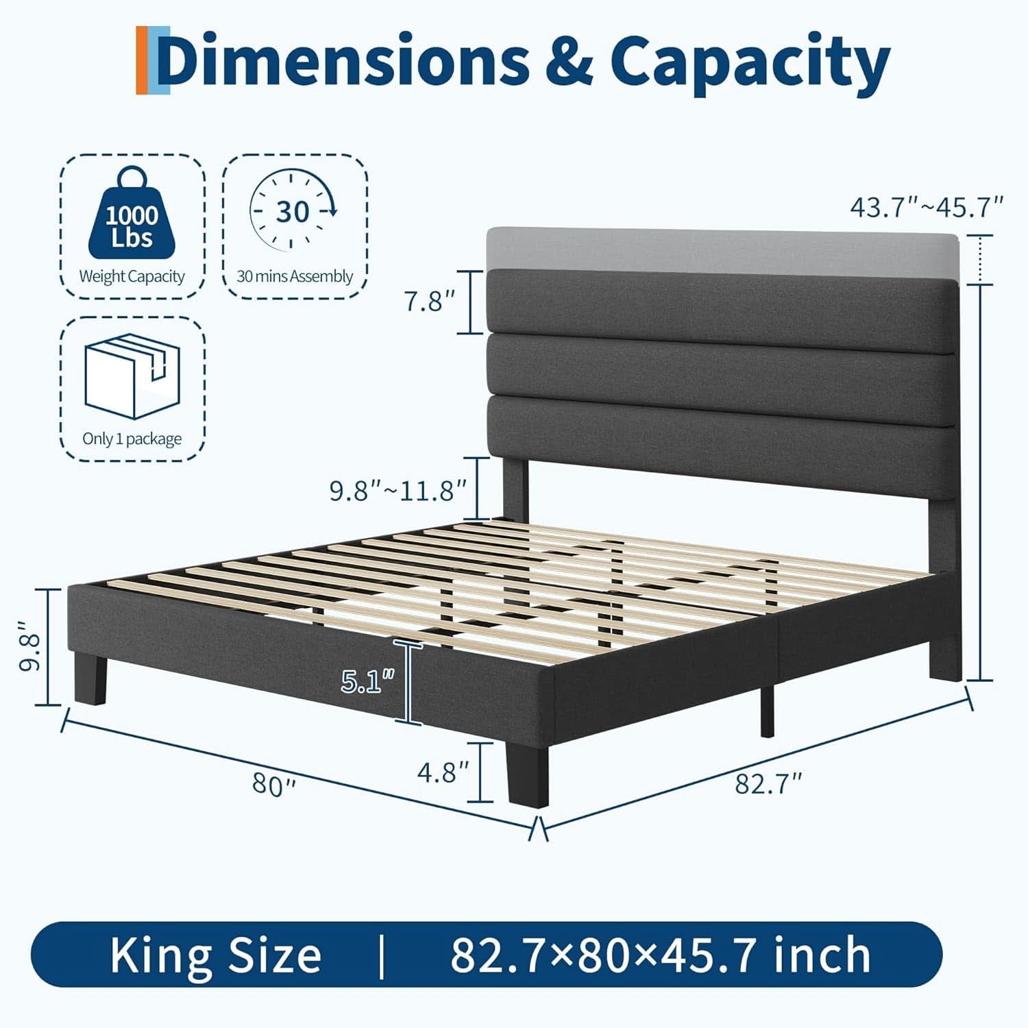 King Size Bed With Adjustable Headboard In Dark Grey