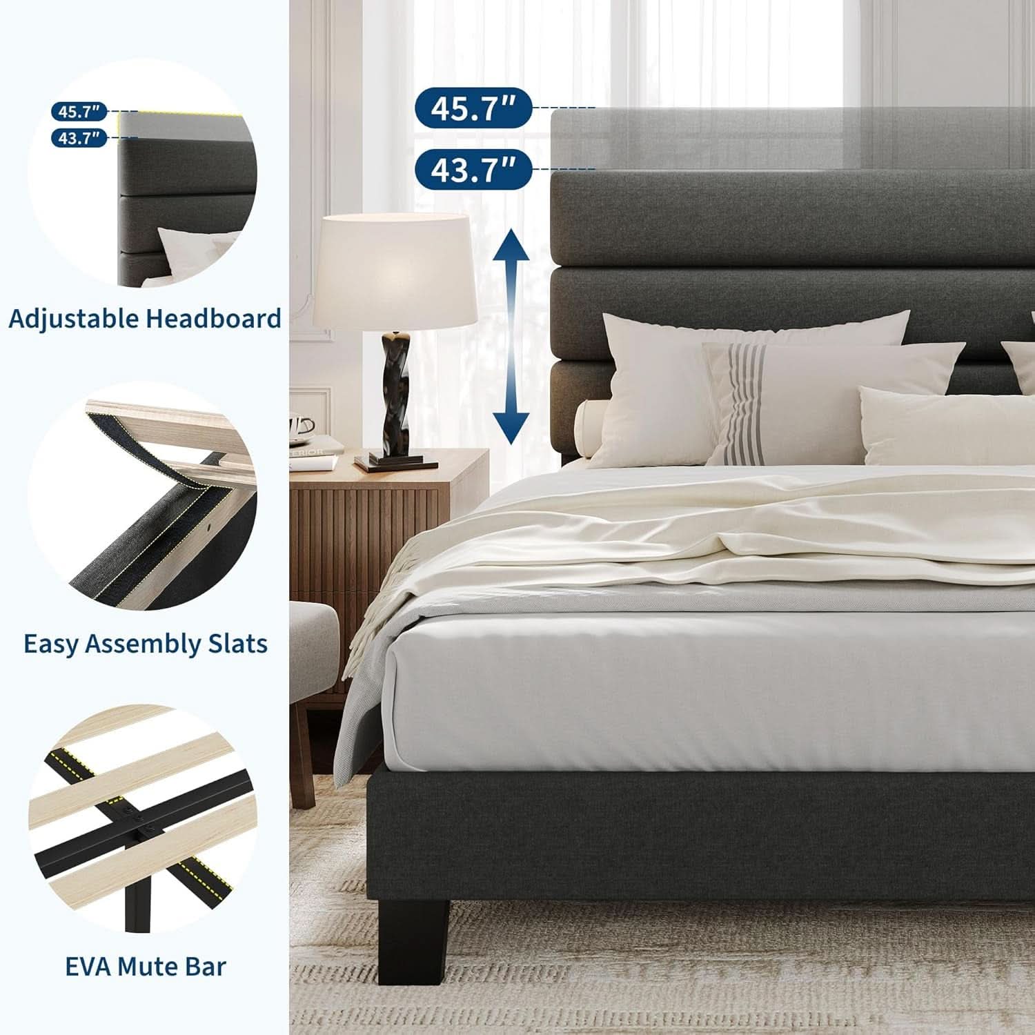 King Size Bed With Adjustable Headboard In Dark Grey