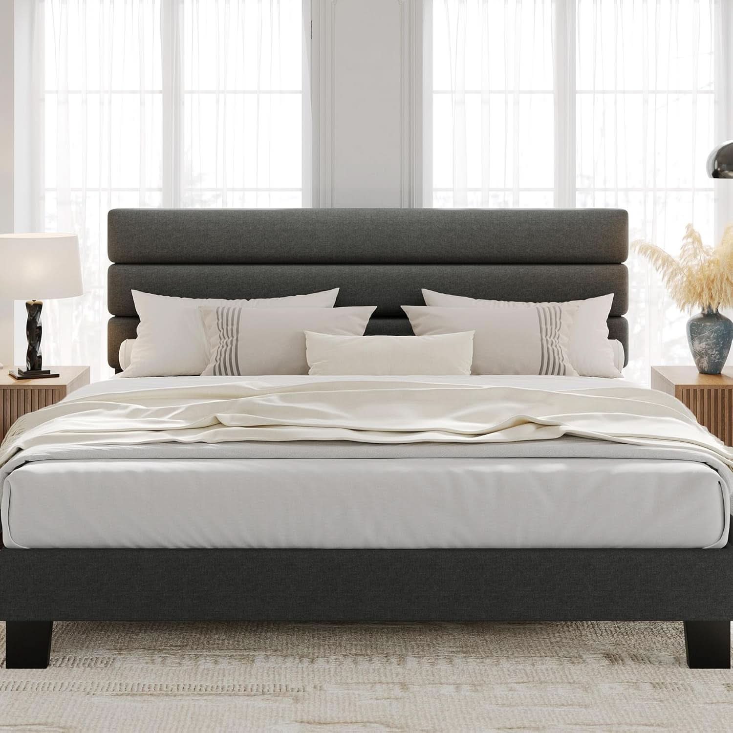 King Size Bed With Adjustable Headboard In Dark Grey