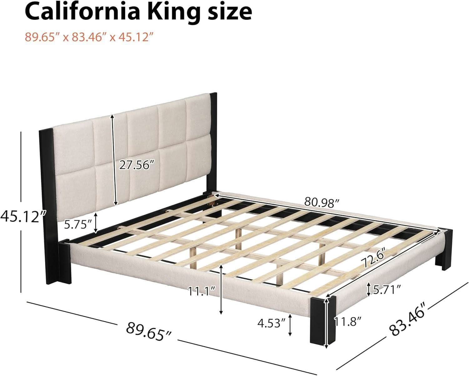 King Size Beige Boucle Upholstered Bed Frame With Solid Wood Slat Support