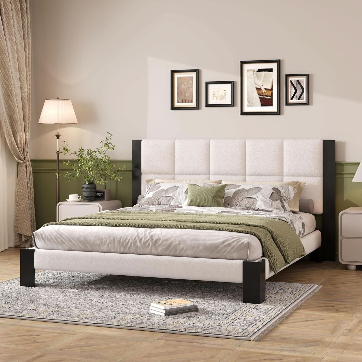 King Size Beige Boucle Upholstered Bed Frame With Solid Wood Slat Support