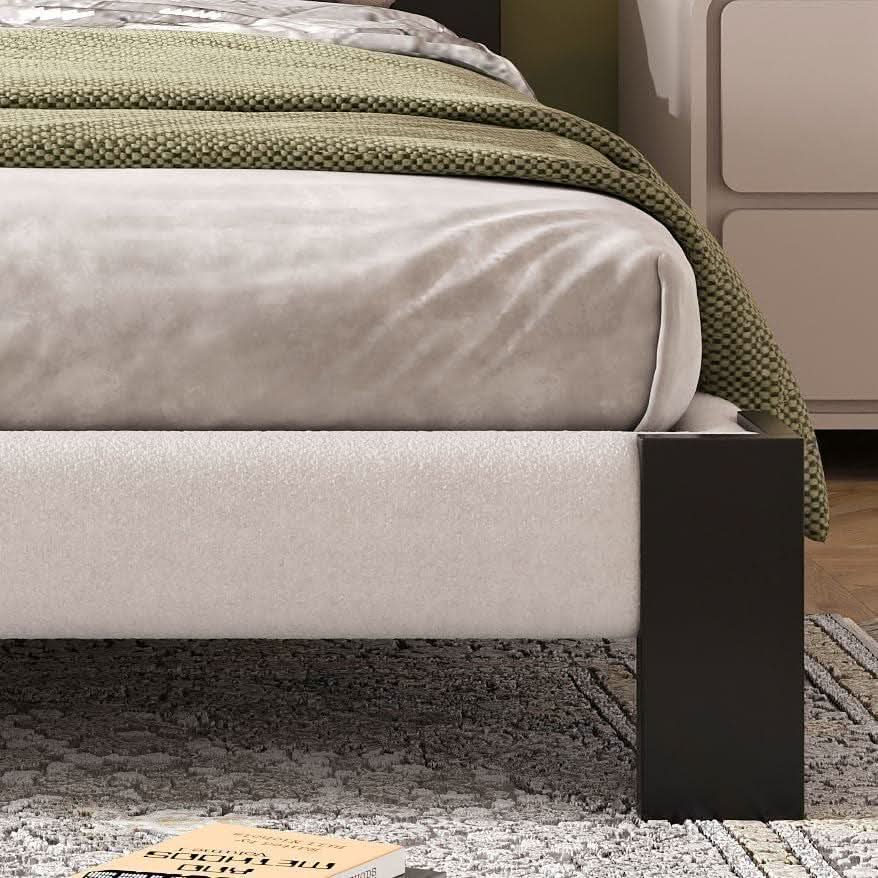 King Size Beige Boucle Upholstered Bed Frame With Solid Wood Slat Support