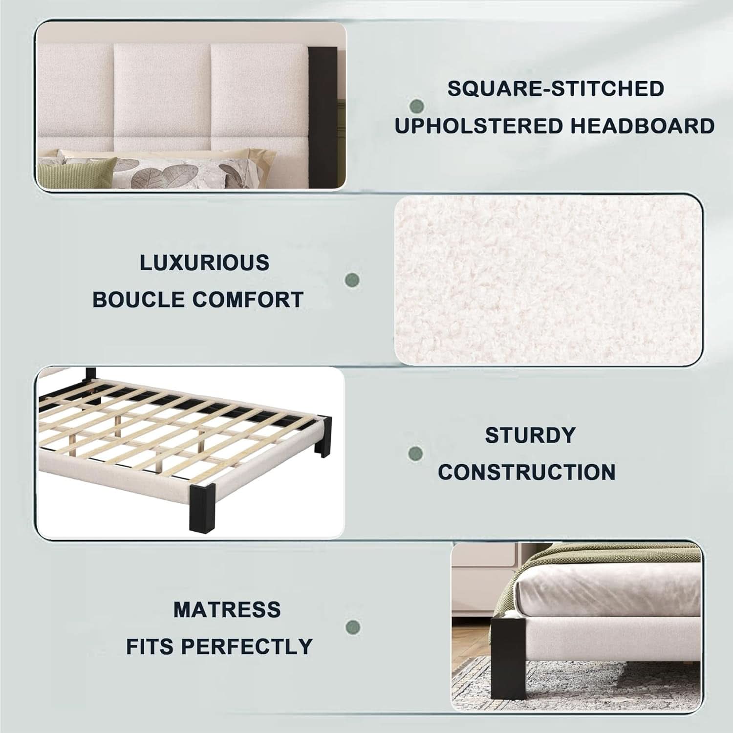 King Size Beige Boucle Upholstered Bed Frame With Solid Wood Slat Support
