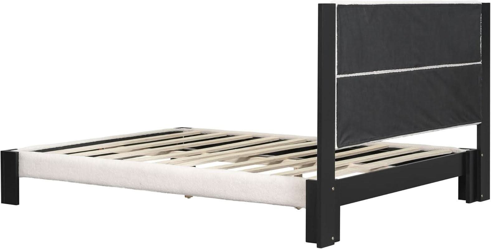 King Size Beige Boucle Upholstered Bed Frame With Solid Wood Slat Support