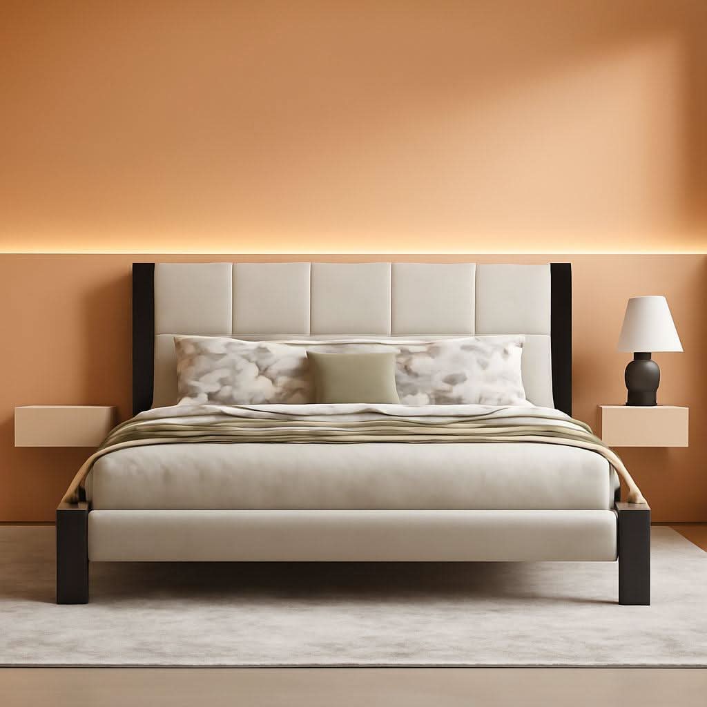 King Size Beige Boucle Upholstered Bed Frame With Solid Wood Slat Support