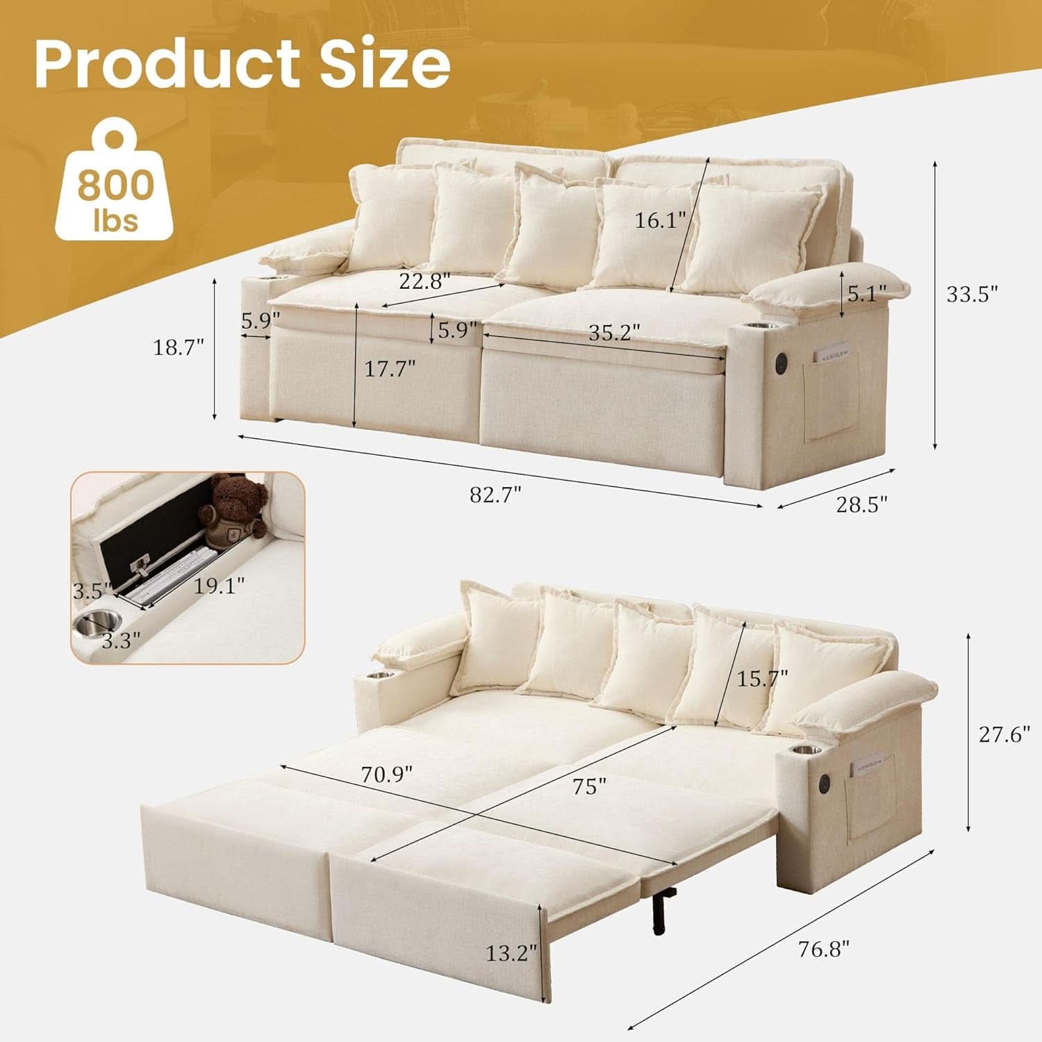King Size Beige Ultra Luxurious Sleeper Sofa USB Ports Pro