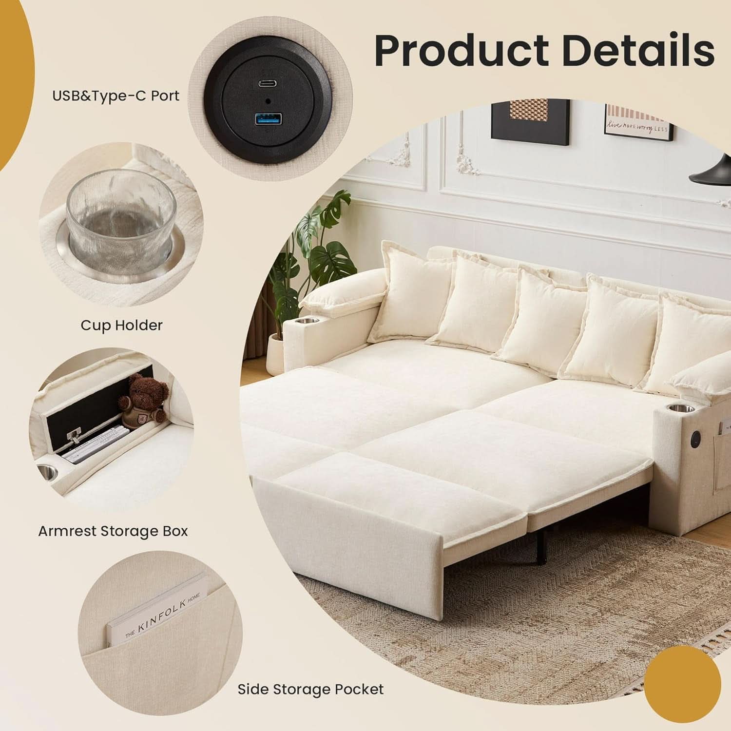 King Size Beige Ultra Luxurious Sleeper Sofa USB Ports Pro