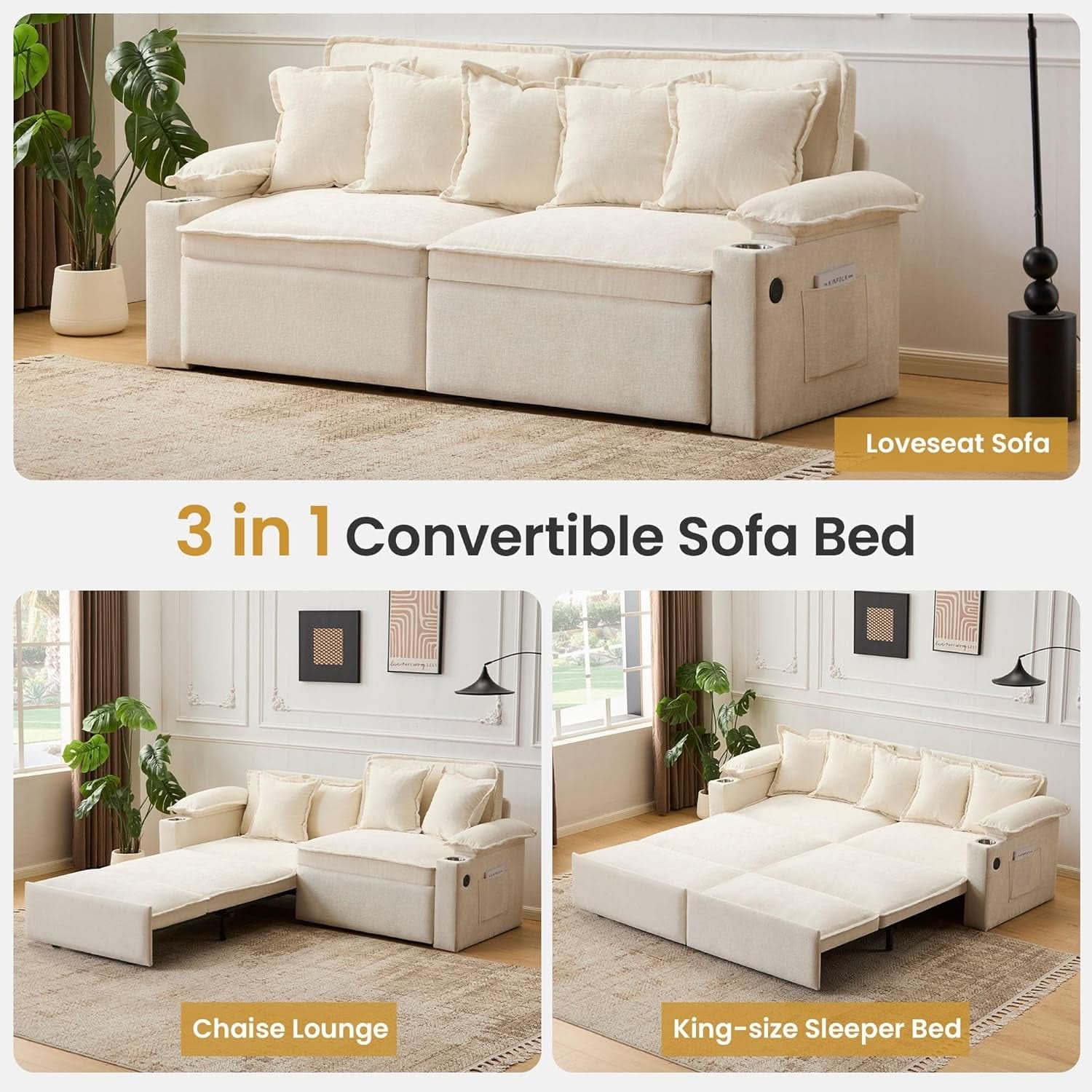 King Size Beige Ultra Luxurious Sleeper Sofa USB Ports Pro