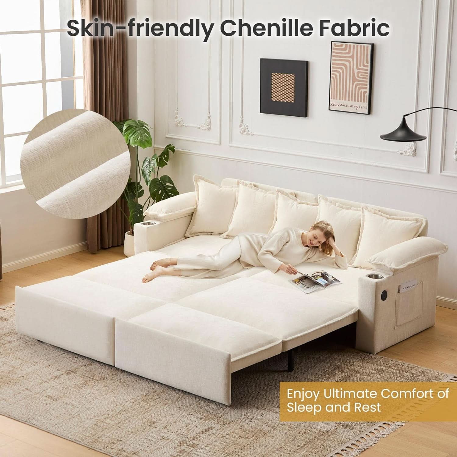 King Size Beige Ultra Luxurious Sleeper Sofa USB Ports Pro