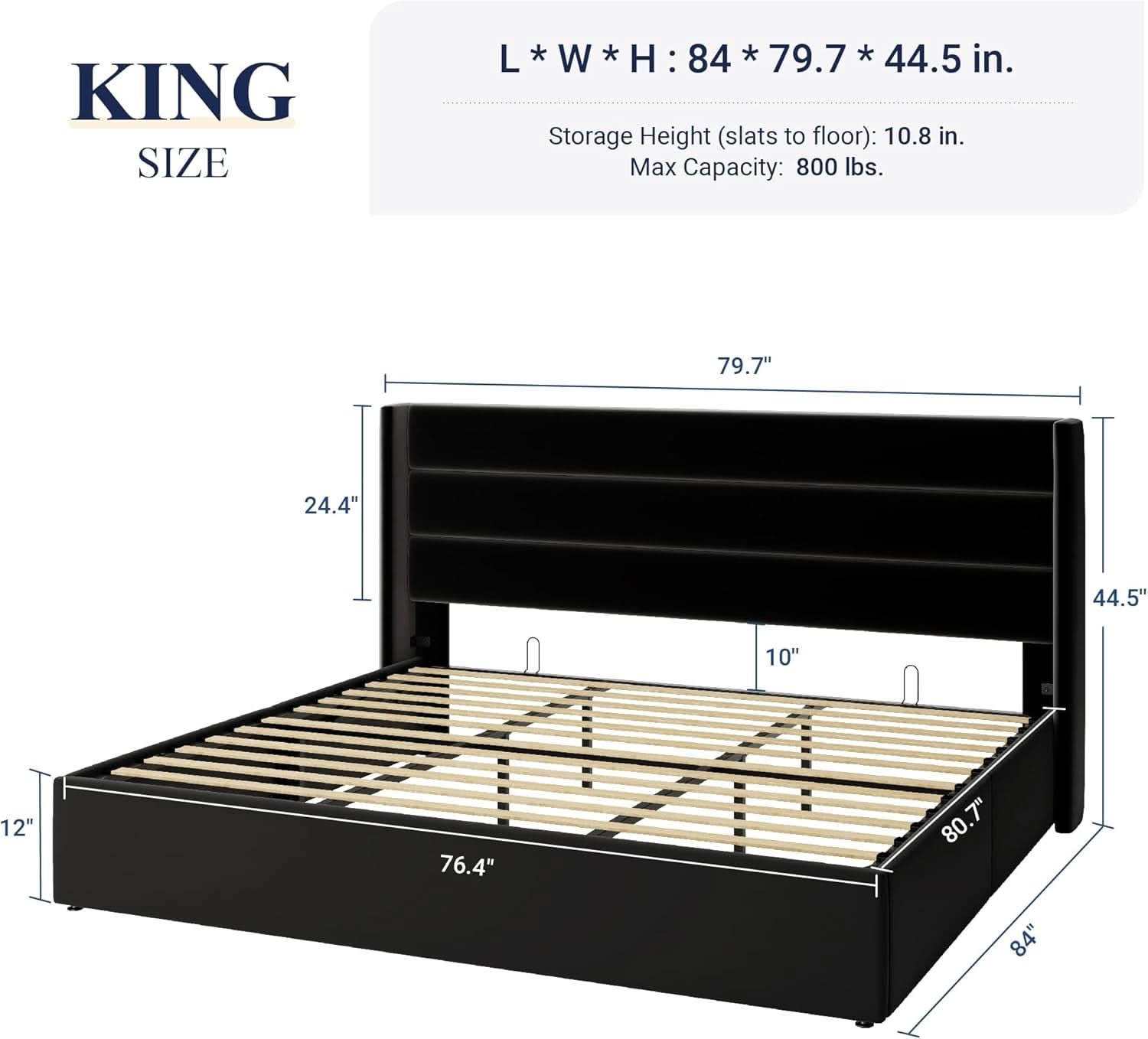 King Size Black Velvet Storage Bed With Hydraulic Lift