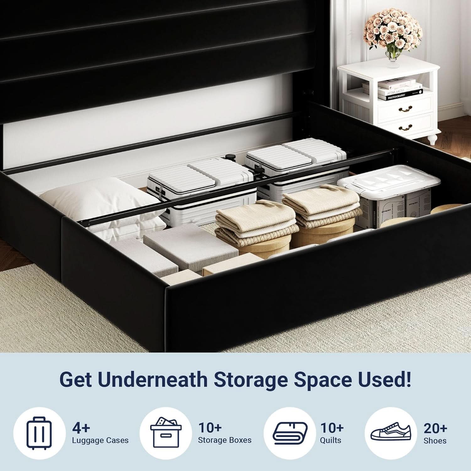 King Size Black Velvet Storage Bed With Hydraulic Lift