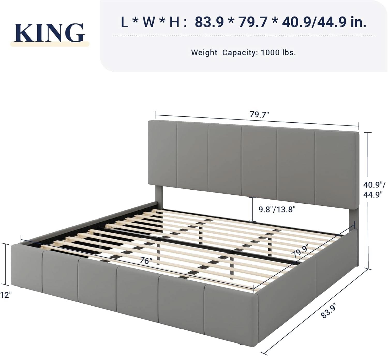 King Size Grey Velvet Upholstered Platform Bed Frame