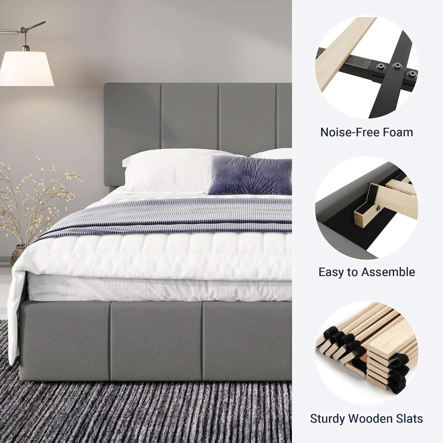 King Size Grey Velvet Upholstered Platform Bed Frame