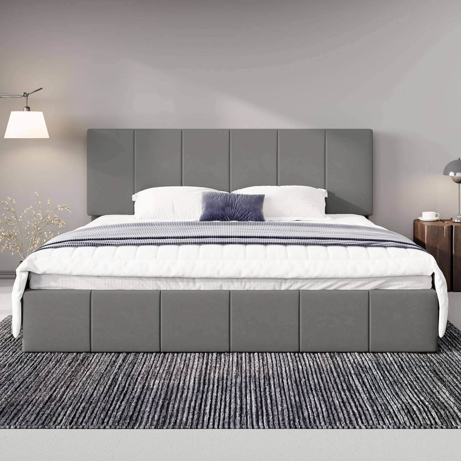 King Size Grey Velvet Upholstered Platform Bed Frame