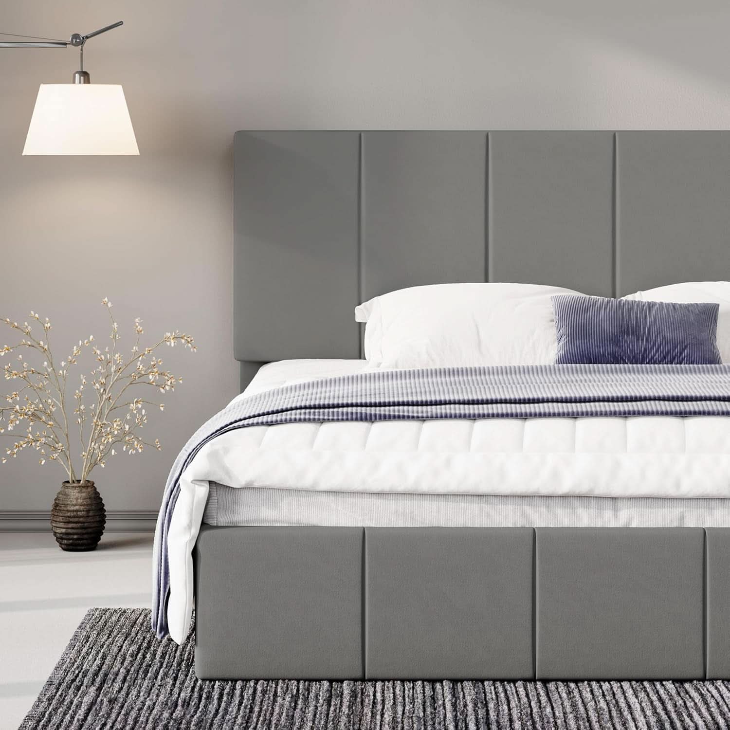 King Size Grey Velvet Upholstered Platform Bed Frame