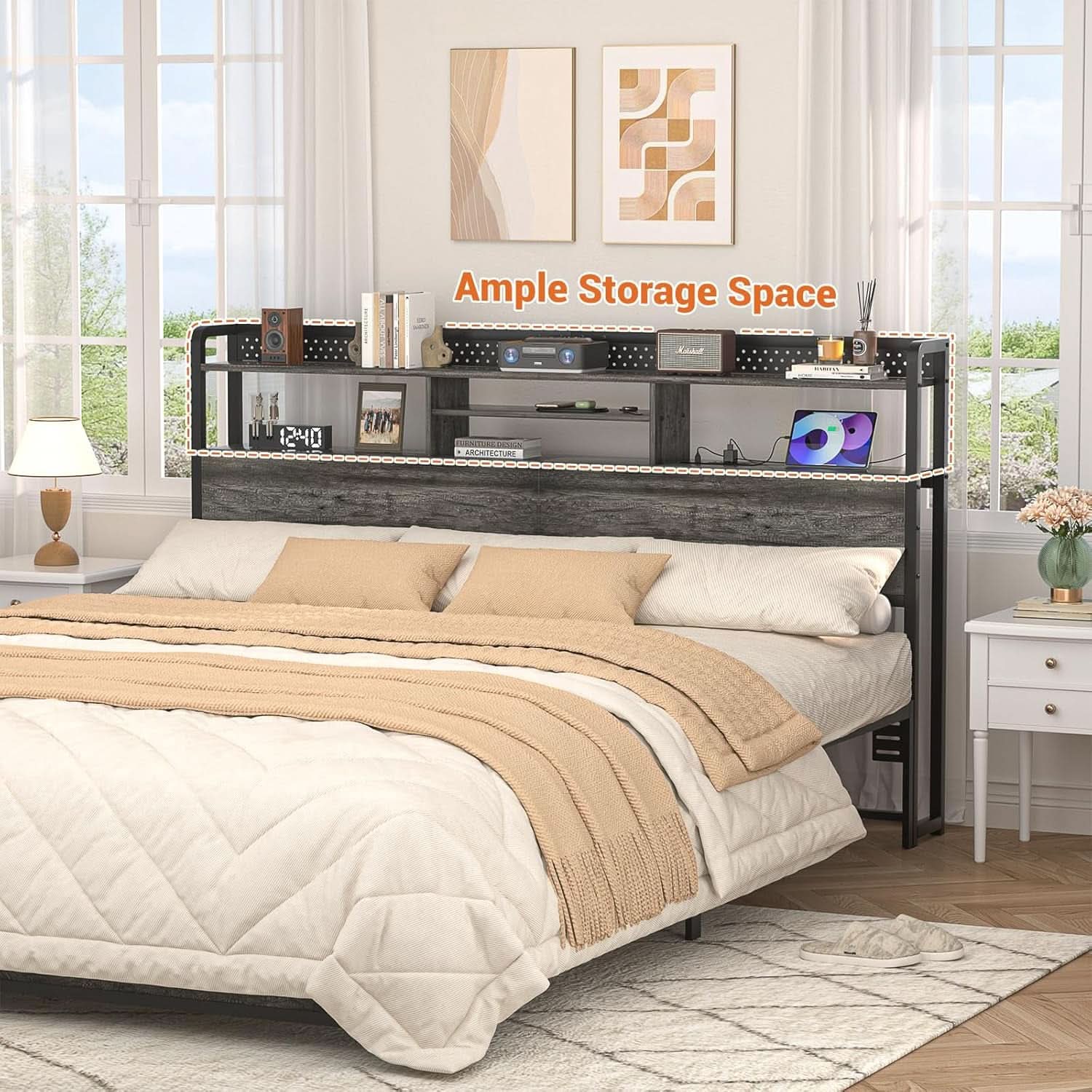 King Size Headboard with Charging Station and LED Light