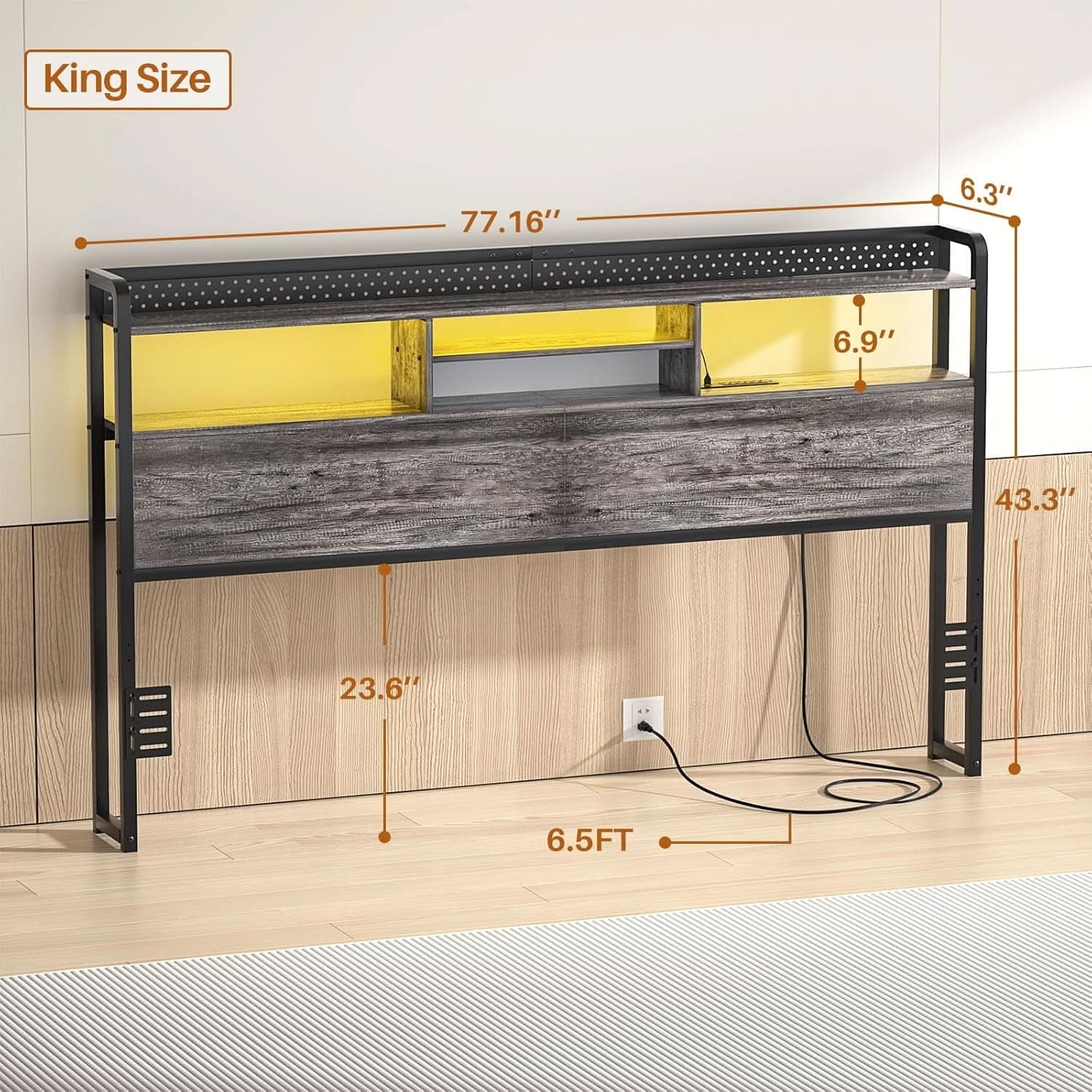 King Size Headboard with Charging Station and LED Light