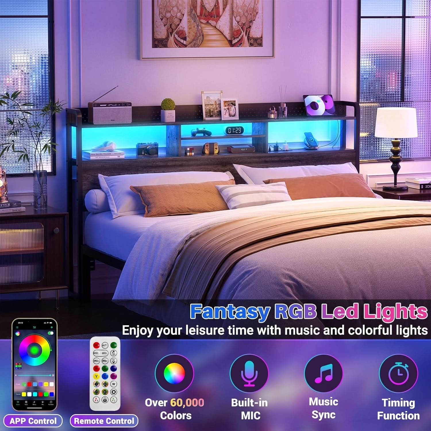King Size Headboard with Charging Station and LED Light