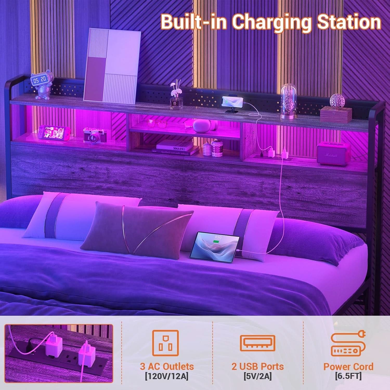 King Size Headboard with Charging Station and LED Light