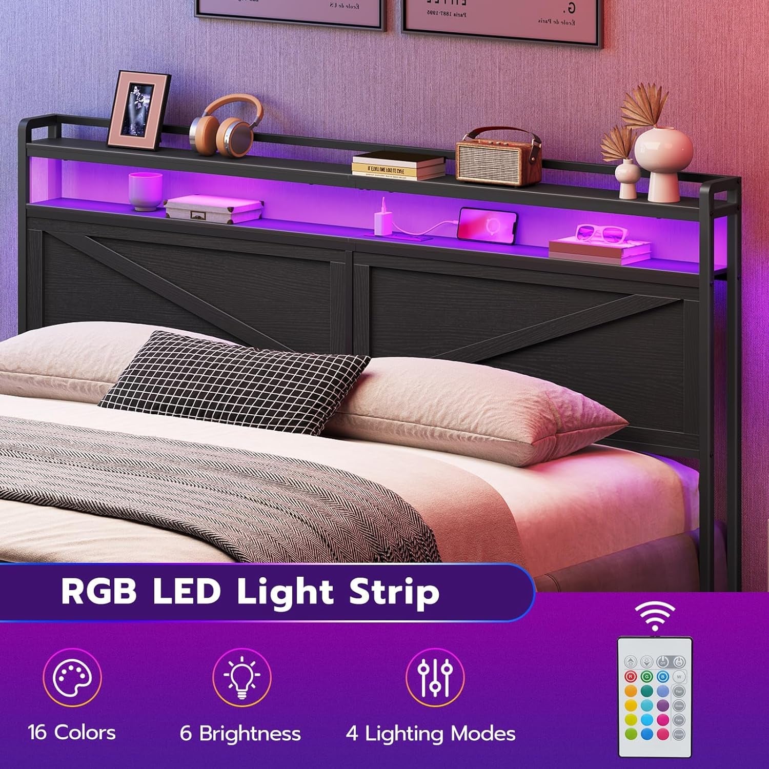 King Size Headboard with Charging Station and LED Lights