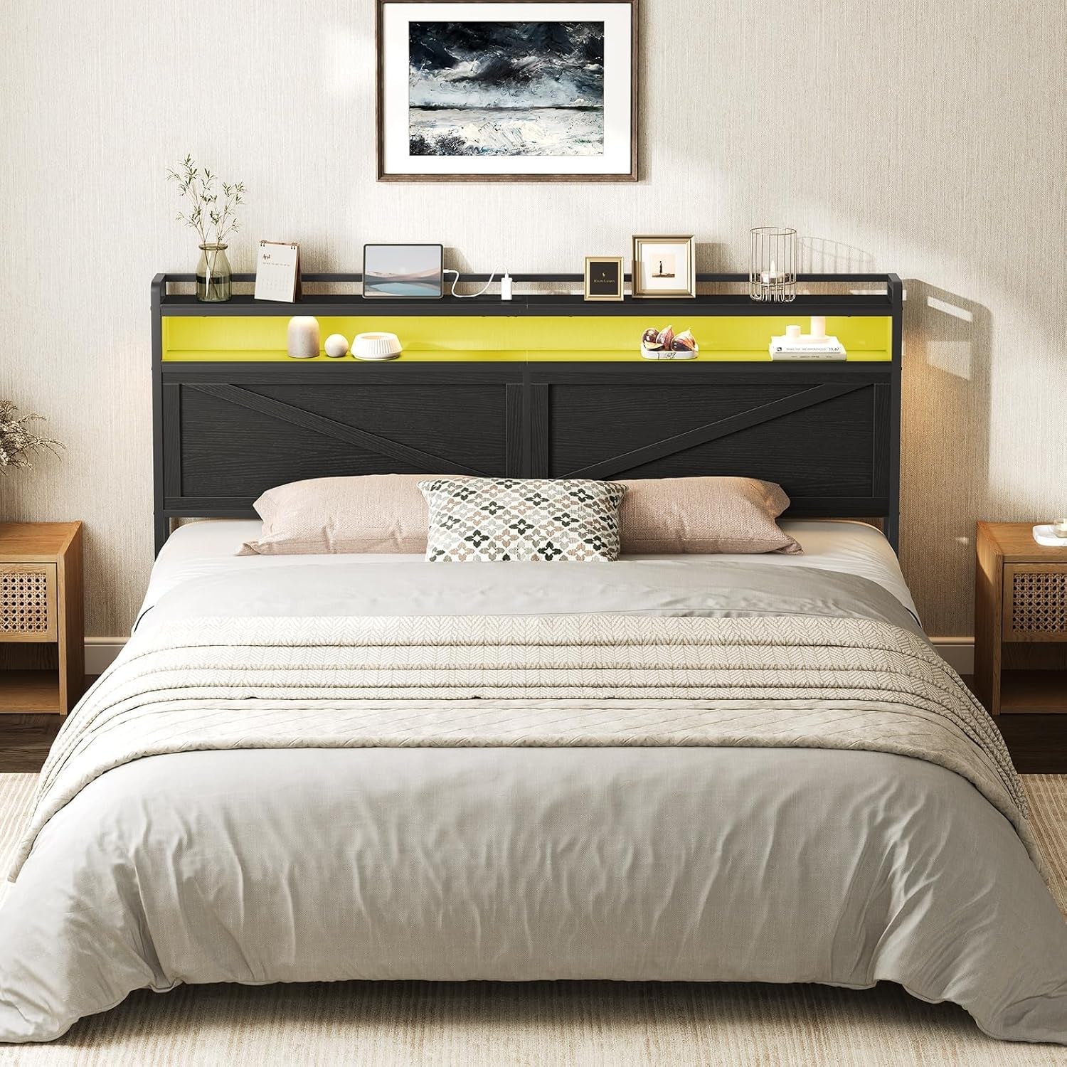King Size Headboard with Charging Station and LED Lights