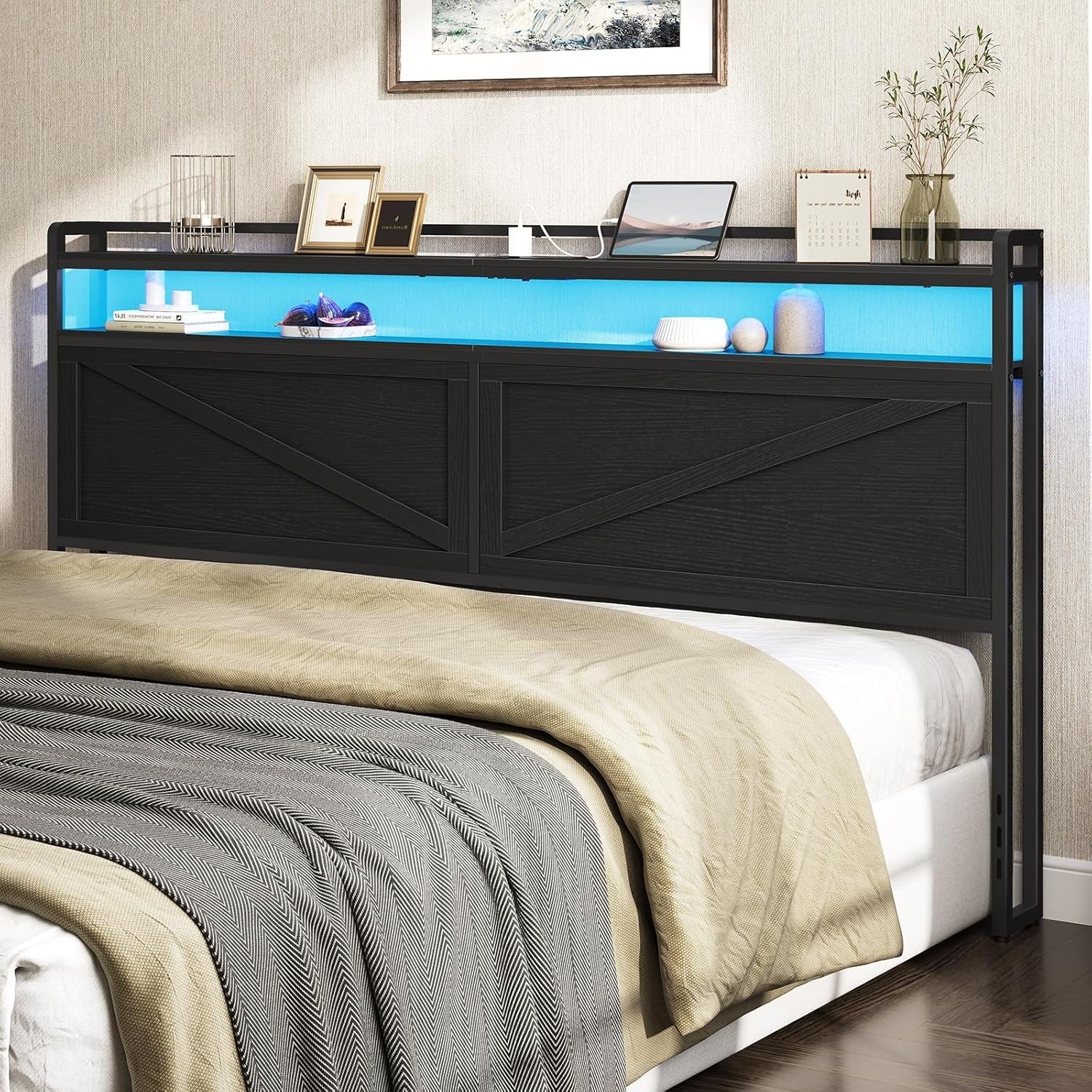 King Size Headboard with Charging Station and LED Lights