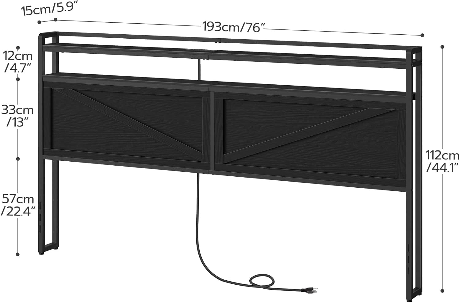 King Size Headboard with Charging Station and LED Lights