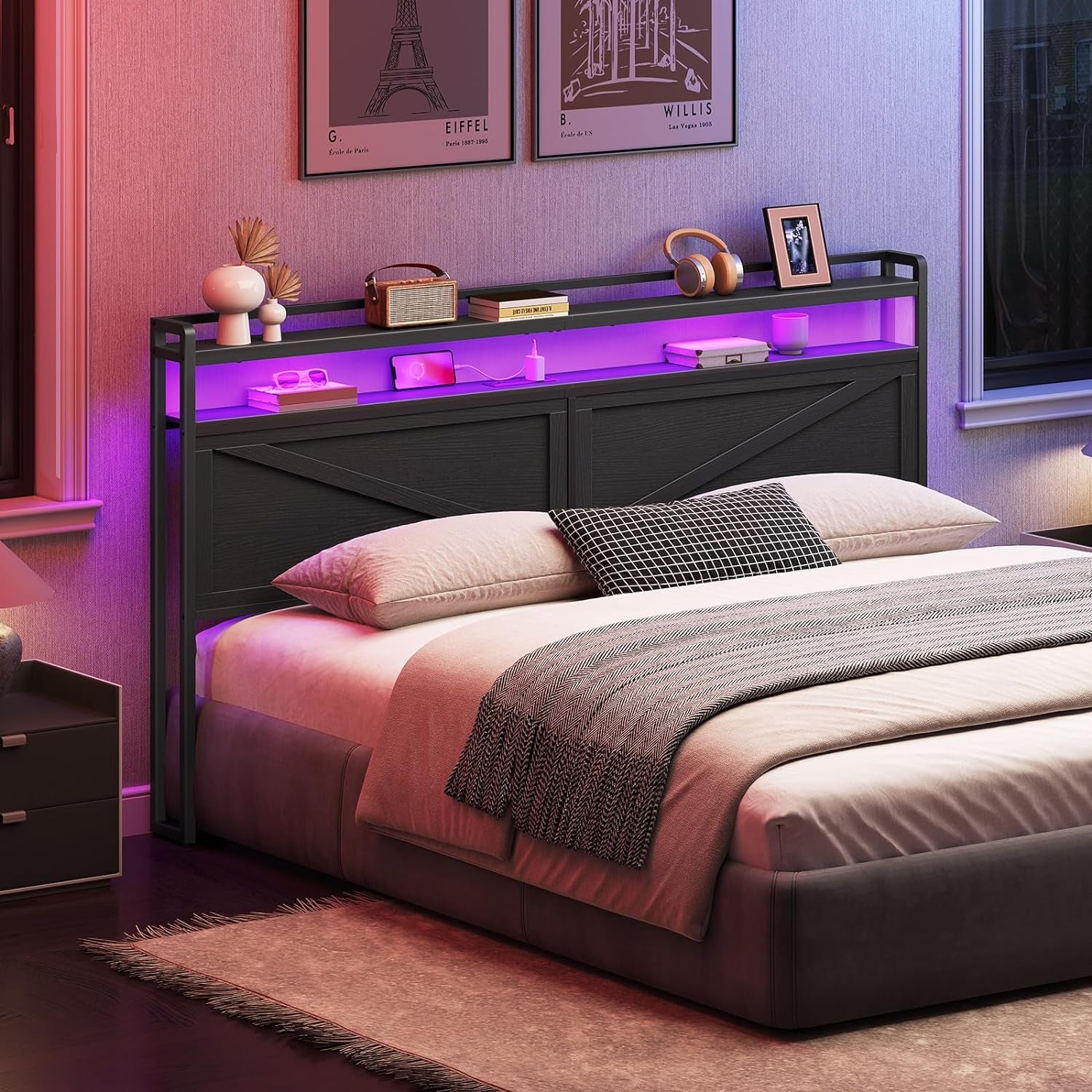 King Size Headboard with Charging Station and LED Lights