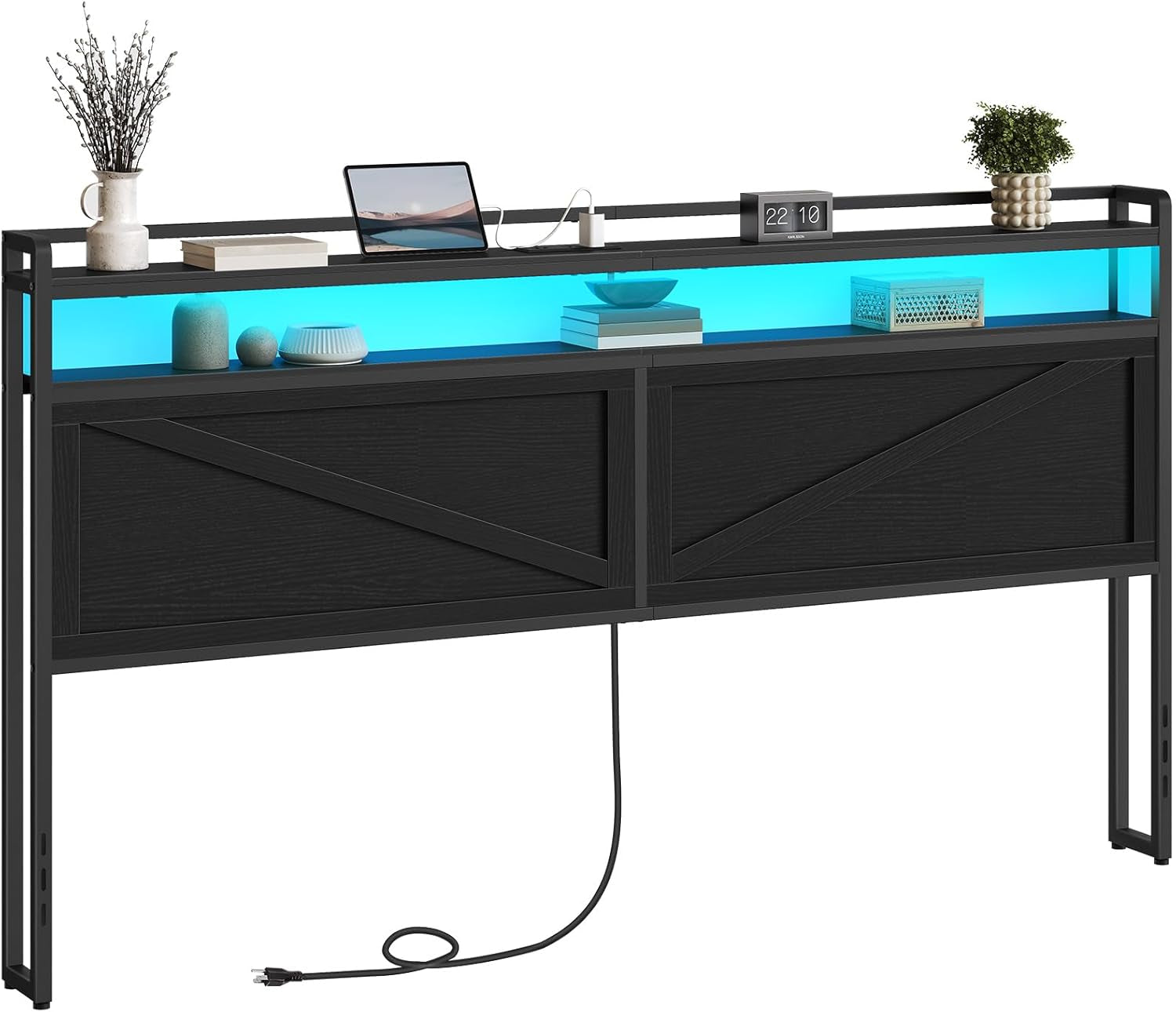 King Size Headboard with Charging Station and LED Lights