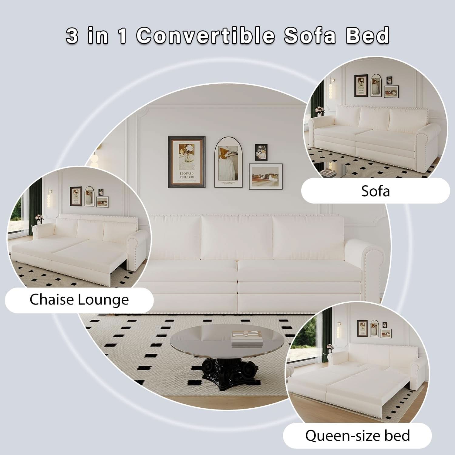 King Size Multifunctional Sleeper Sofa Beige Velvet