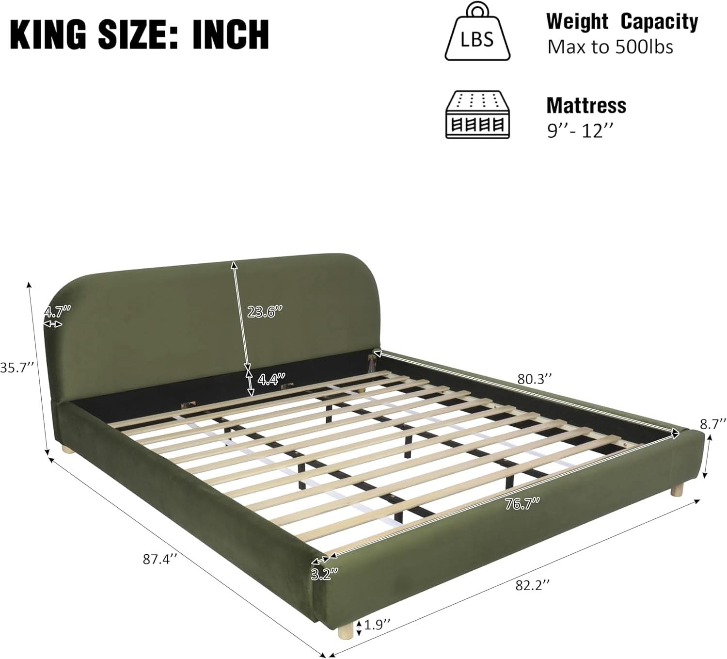 King Size Olive Green Boucle Upholstered Platform Bed