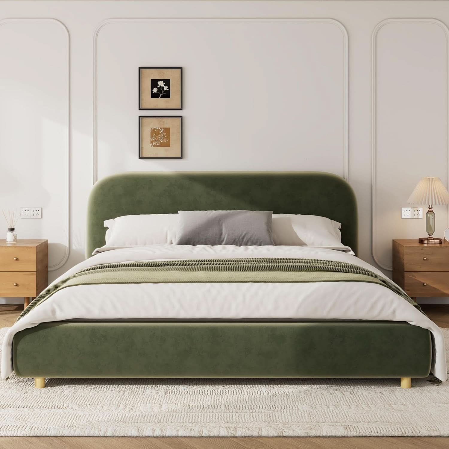 King Size Olive Green Boucle Upholstered Platform Bed