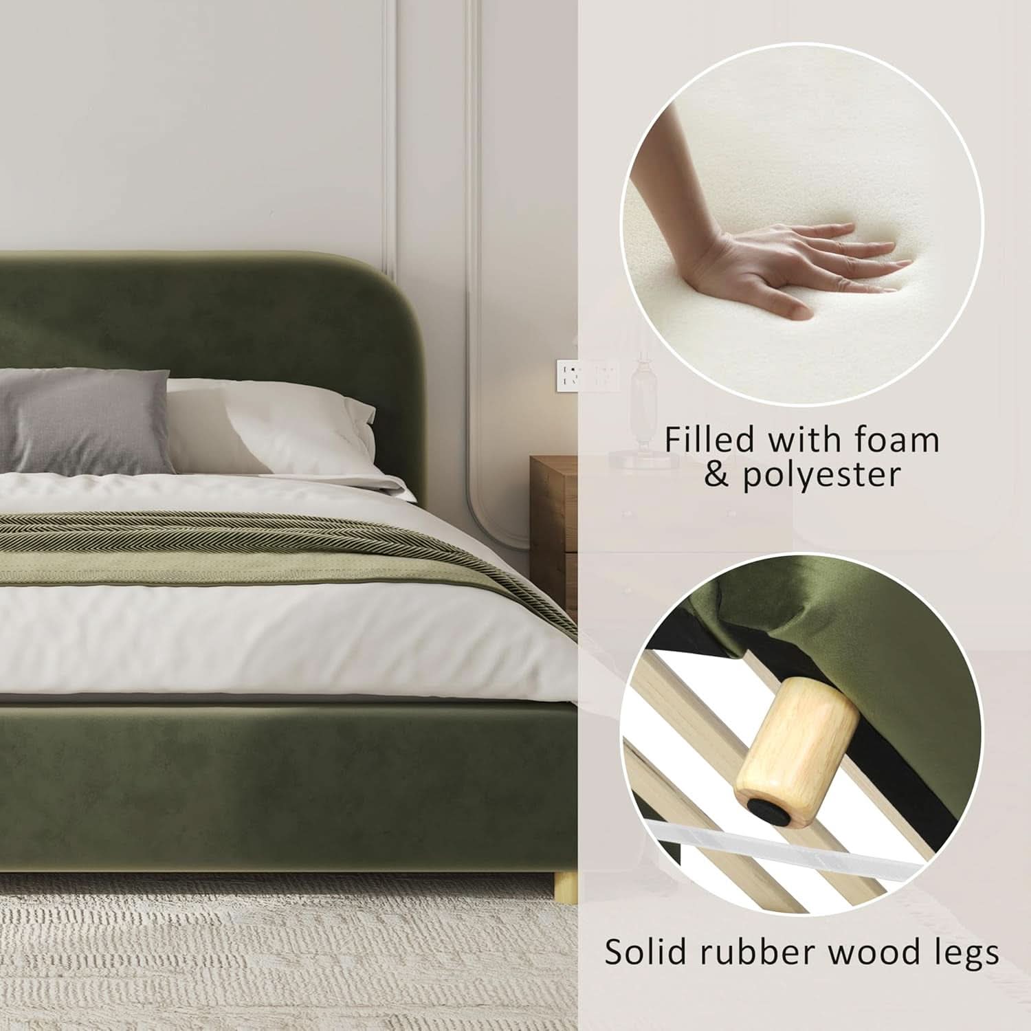 King Size Olive Green Boucle Upholstered Platform Bed
