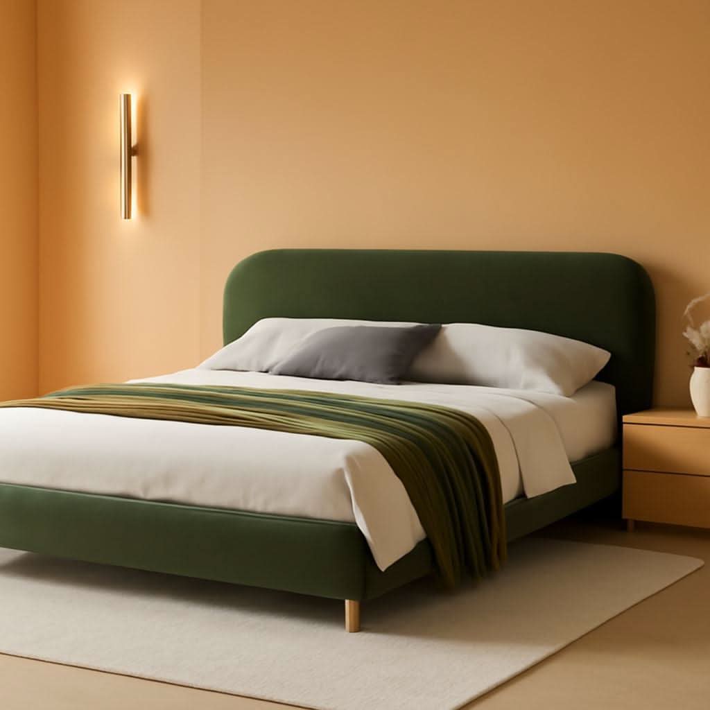 King Size Olive Green Boucle Upholstered Platform Bed