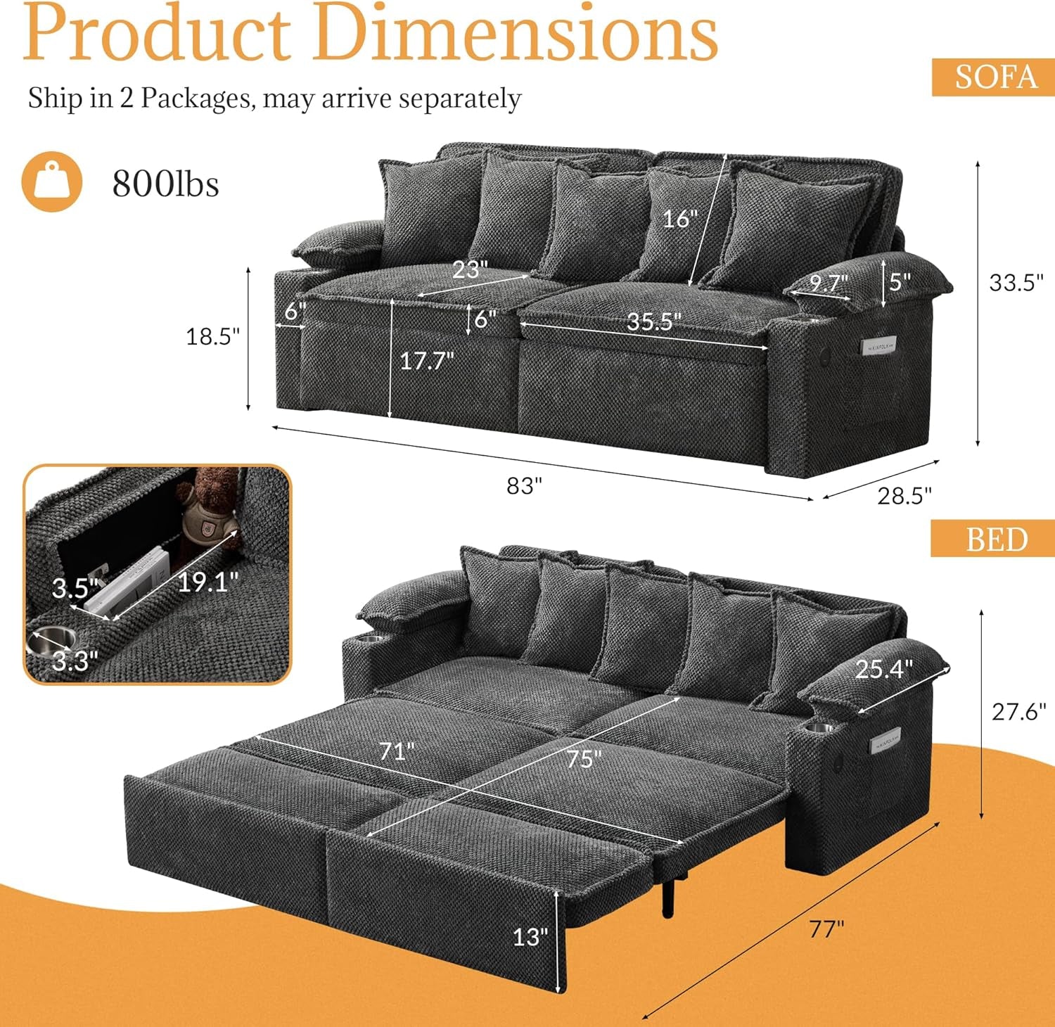 King Size Premium Grade Convertible Sleeper Sofa USB