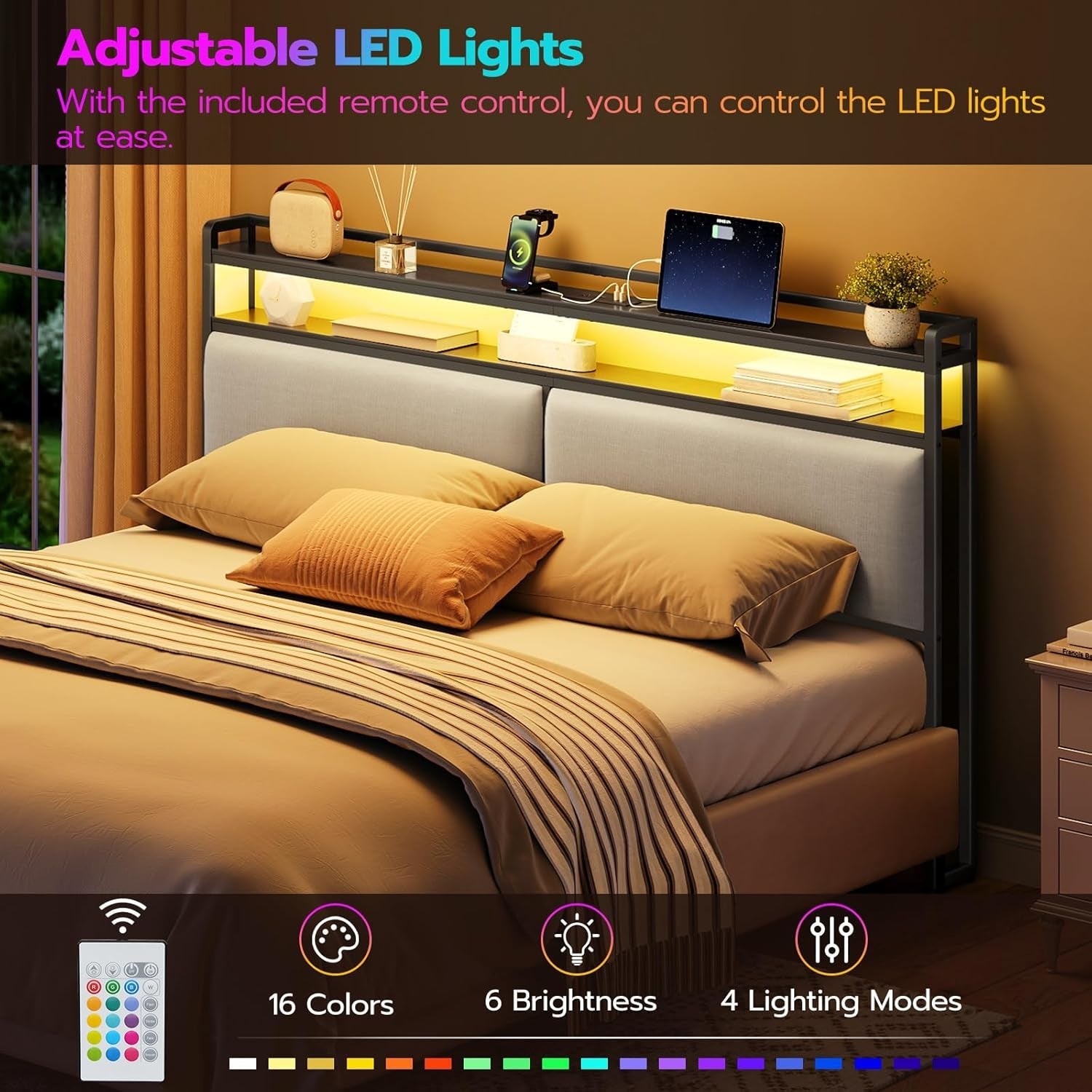 King Size Upholstered Headboard With Charging Station And LED