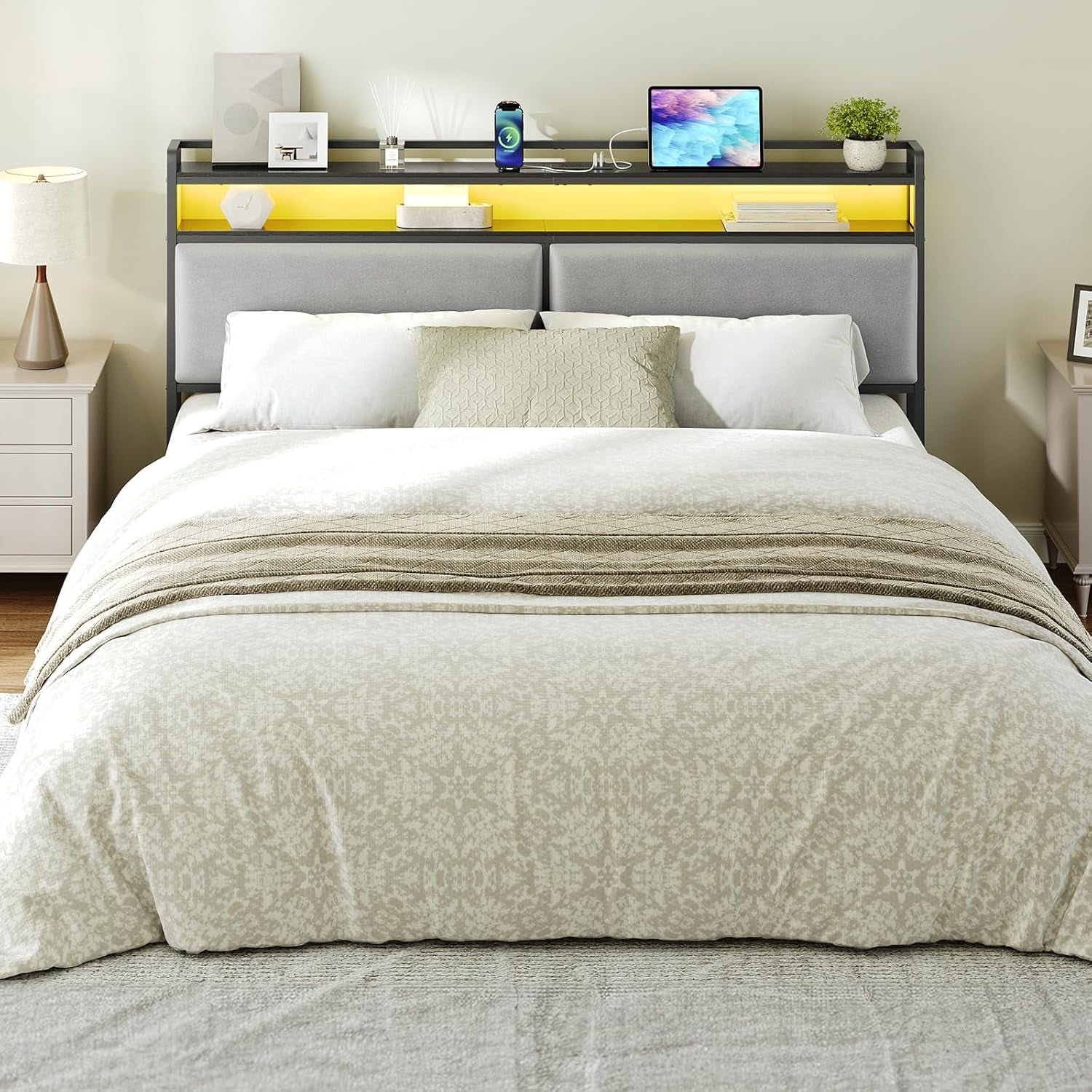 King Size Upholstered Headboard With Charging Station And LED