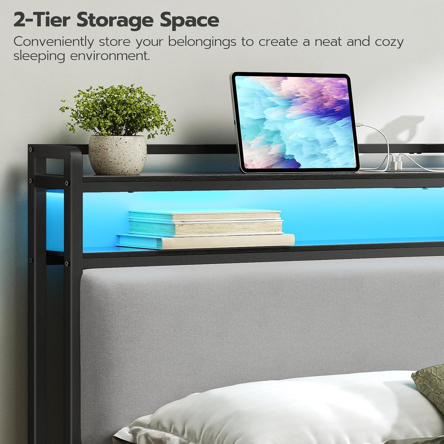 King Size Upholstered Headboard With Charging Station And LED
