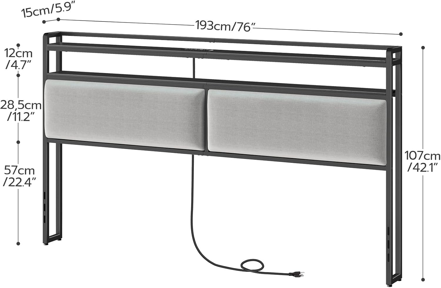 King Size Upholstered Headboard With Charging Station And LED