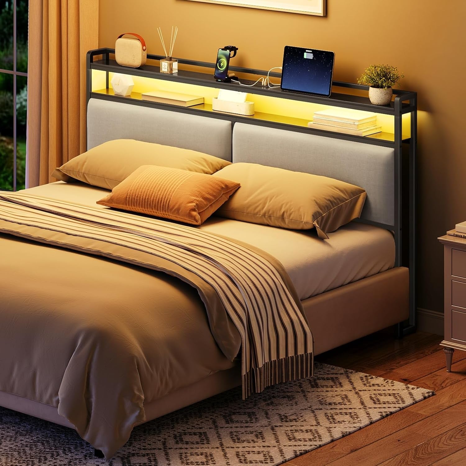 King Size Upholstered Headboard With Charging Station And LED