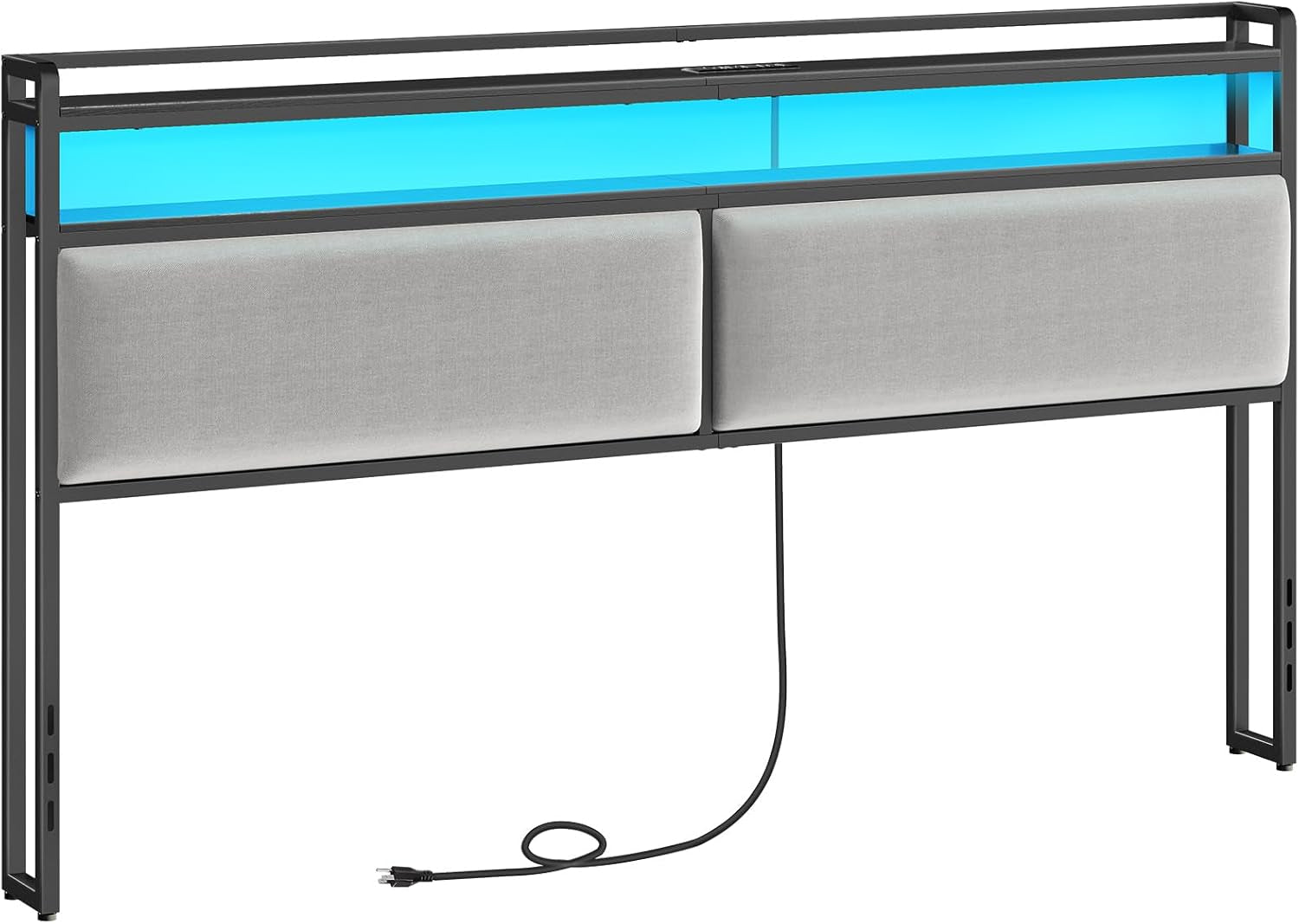 King Size Upholstered Headboard With Charging Station And LED