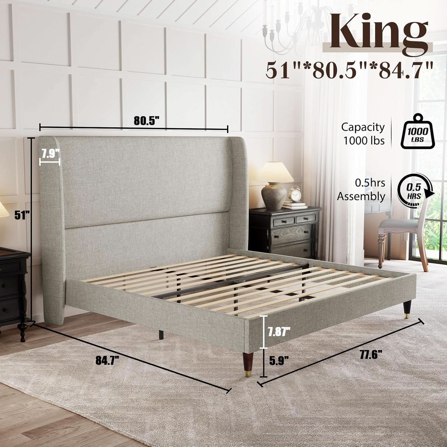 King Size Wingback Headboard Upholstered Bed Frame Khaki