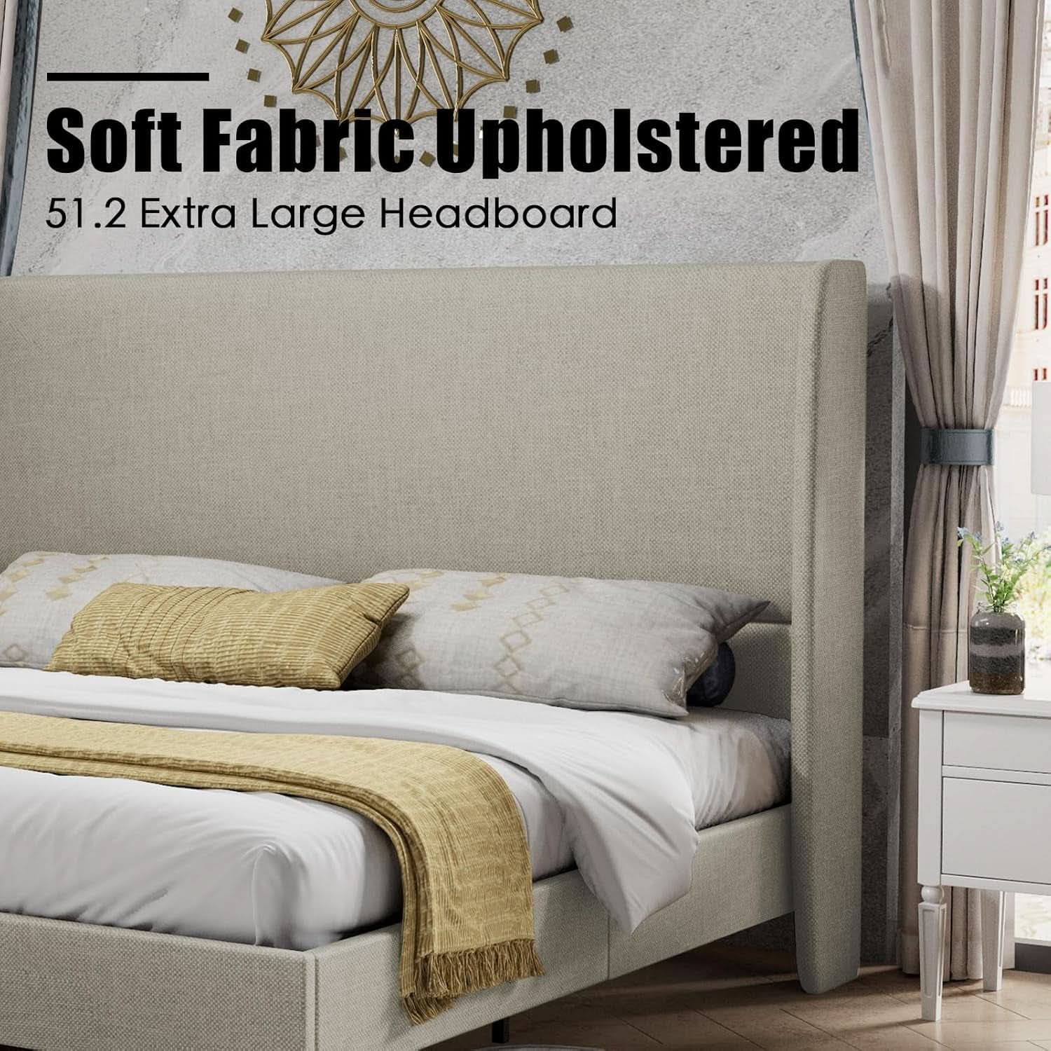 King Size Wingback Headboard Upholstered Bed Frame Khaki
