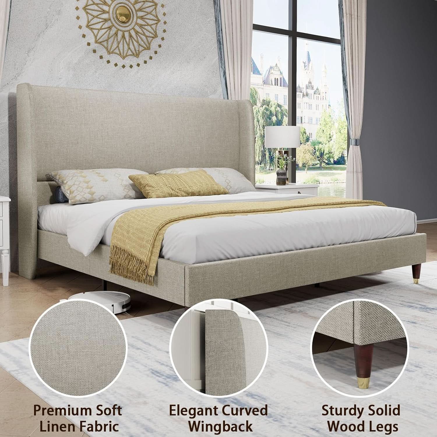 King Size Wingback Headboard Upholstered Bed Frame Khaki