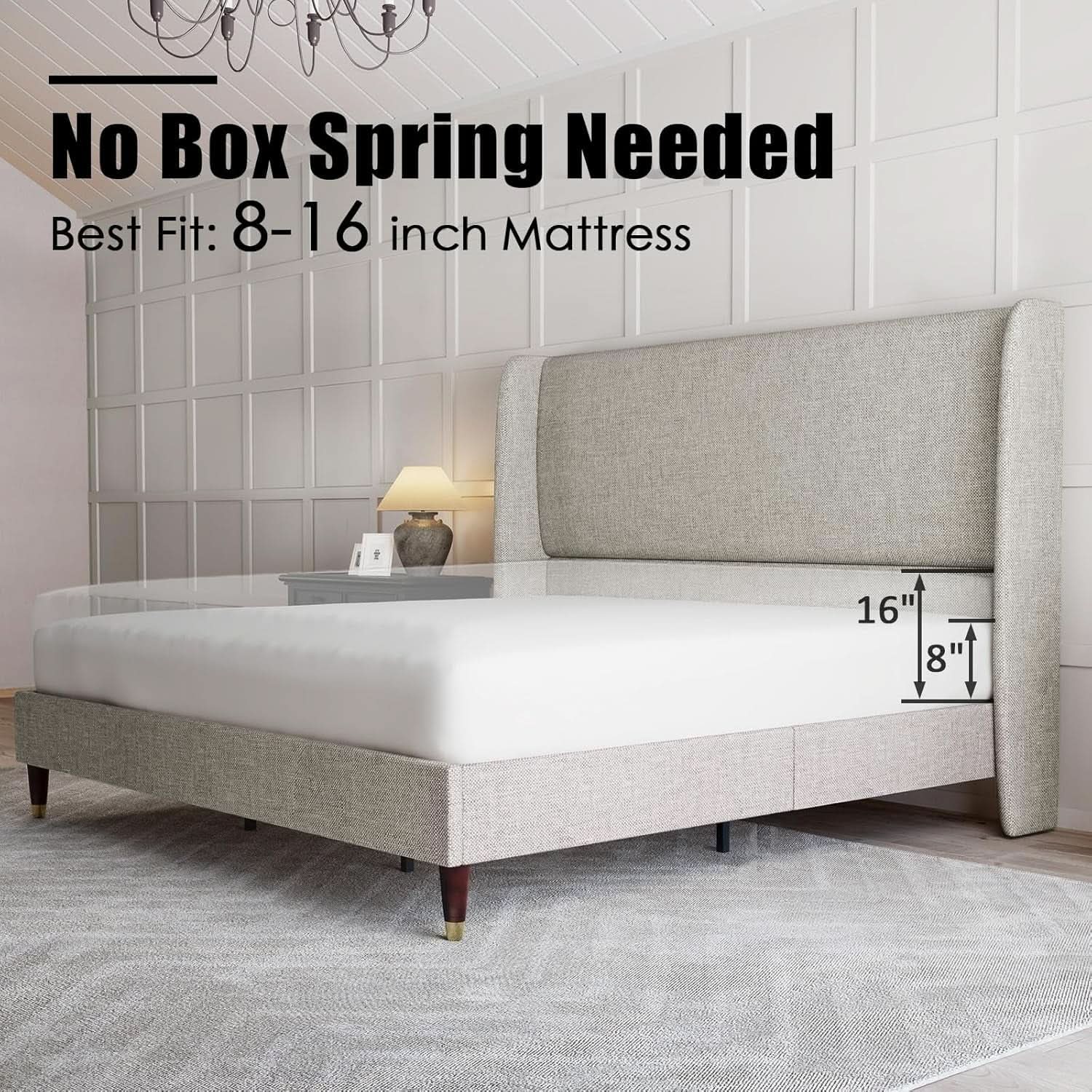 King Size Wingback Headboard Upholstered Bed Frame Khaki