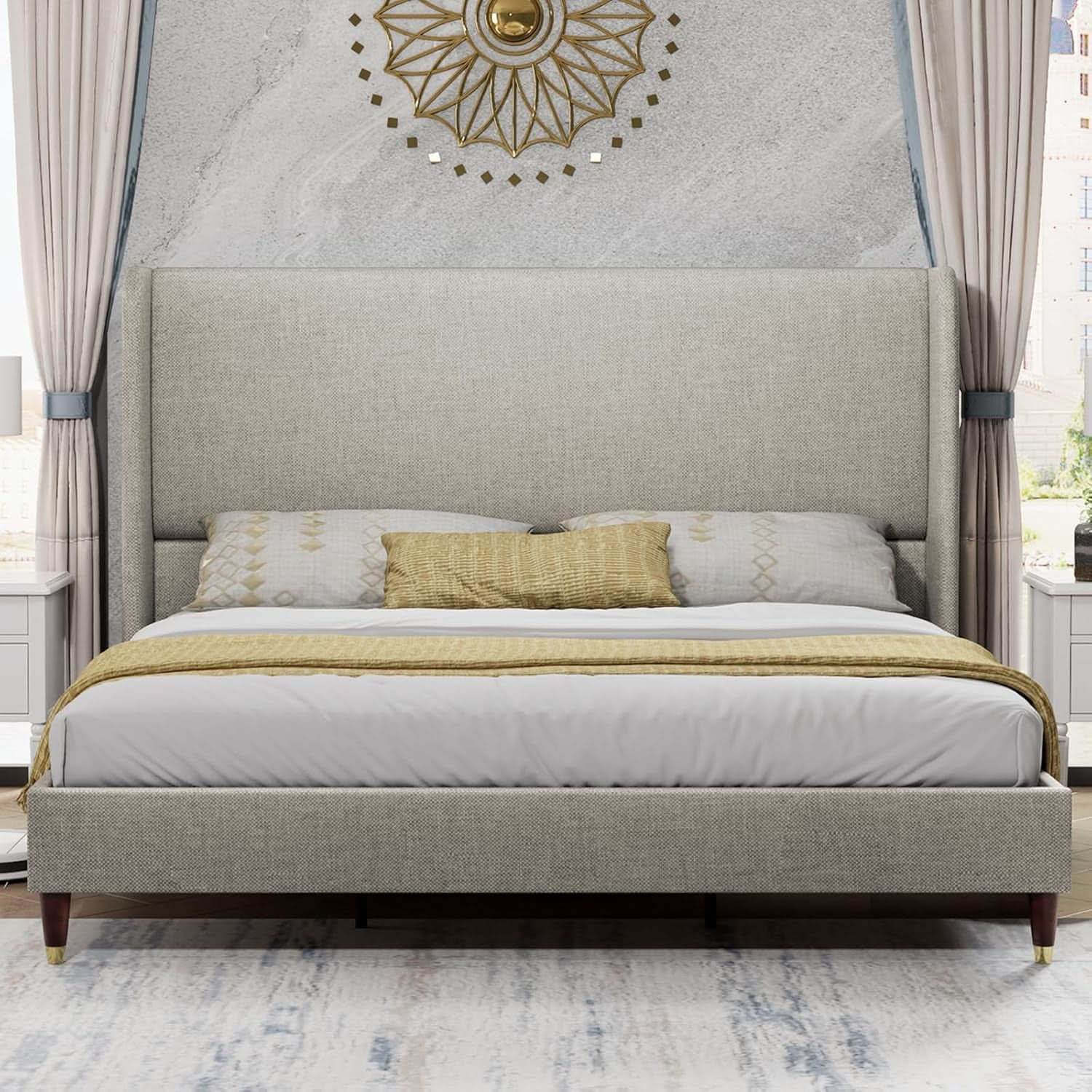 King Size Wingback Headboard Upholstered Bed Frame Khaki